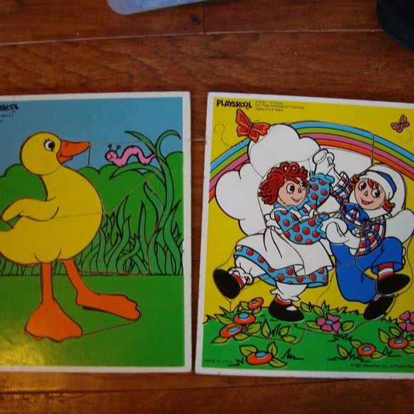 Set of 2 Puzzles - Raggedy Ann & Andy Puzzle & Duck Wood Puzzle Playskool - Picture 1 of 9